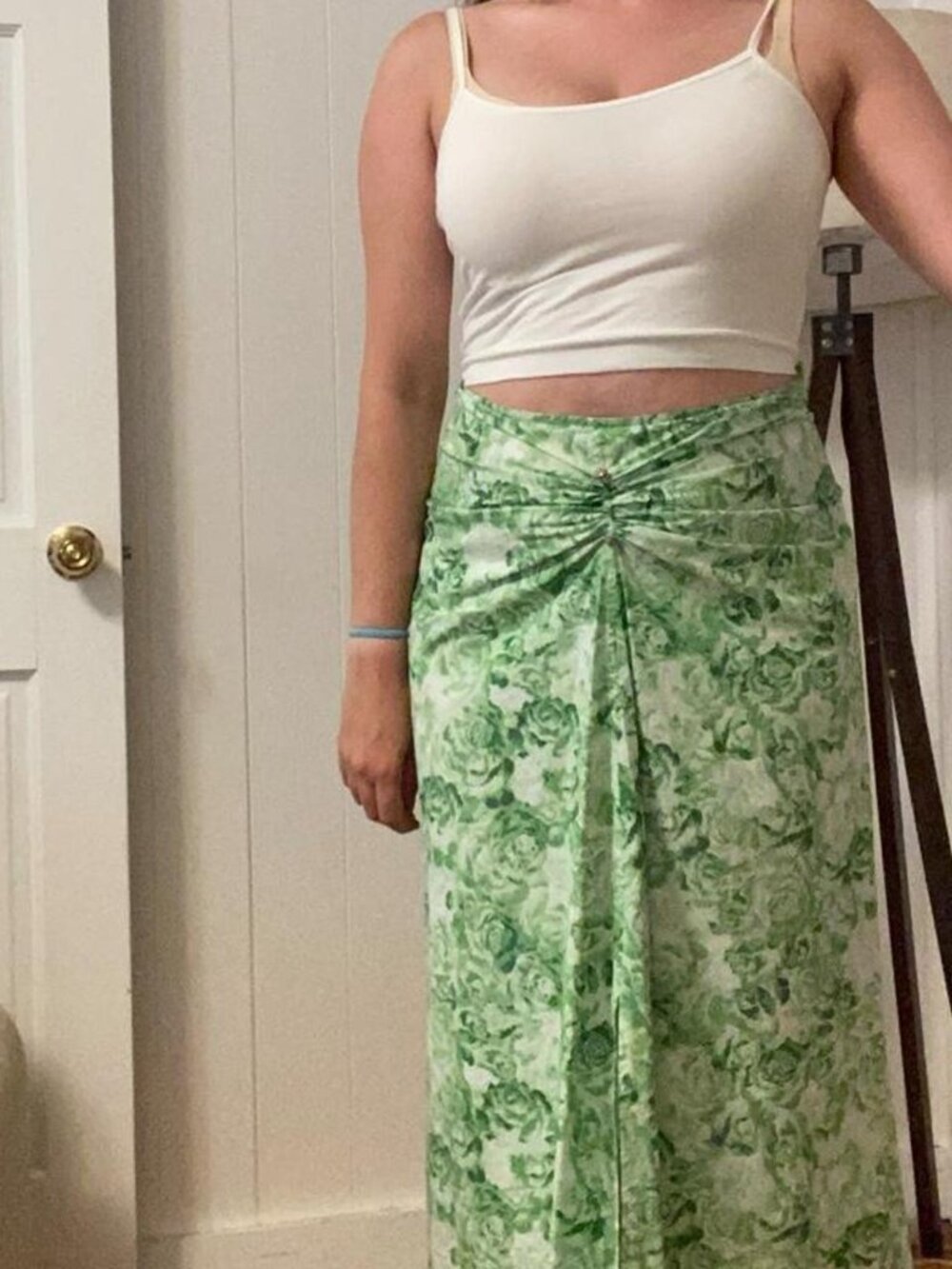 GANNI Green Rose Print Cotton Maxi Skirt Gathered Front Size EU 36 / US 4